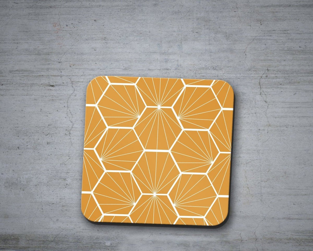Butterscotch Coasters with a White Hexagon Design, Table Decor Drinks Mat - Joe’s Haven