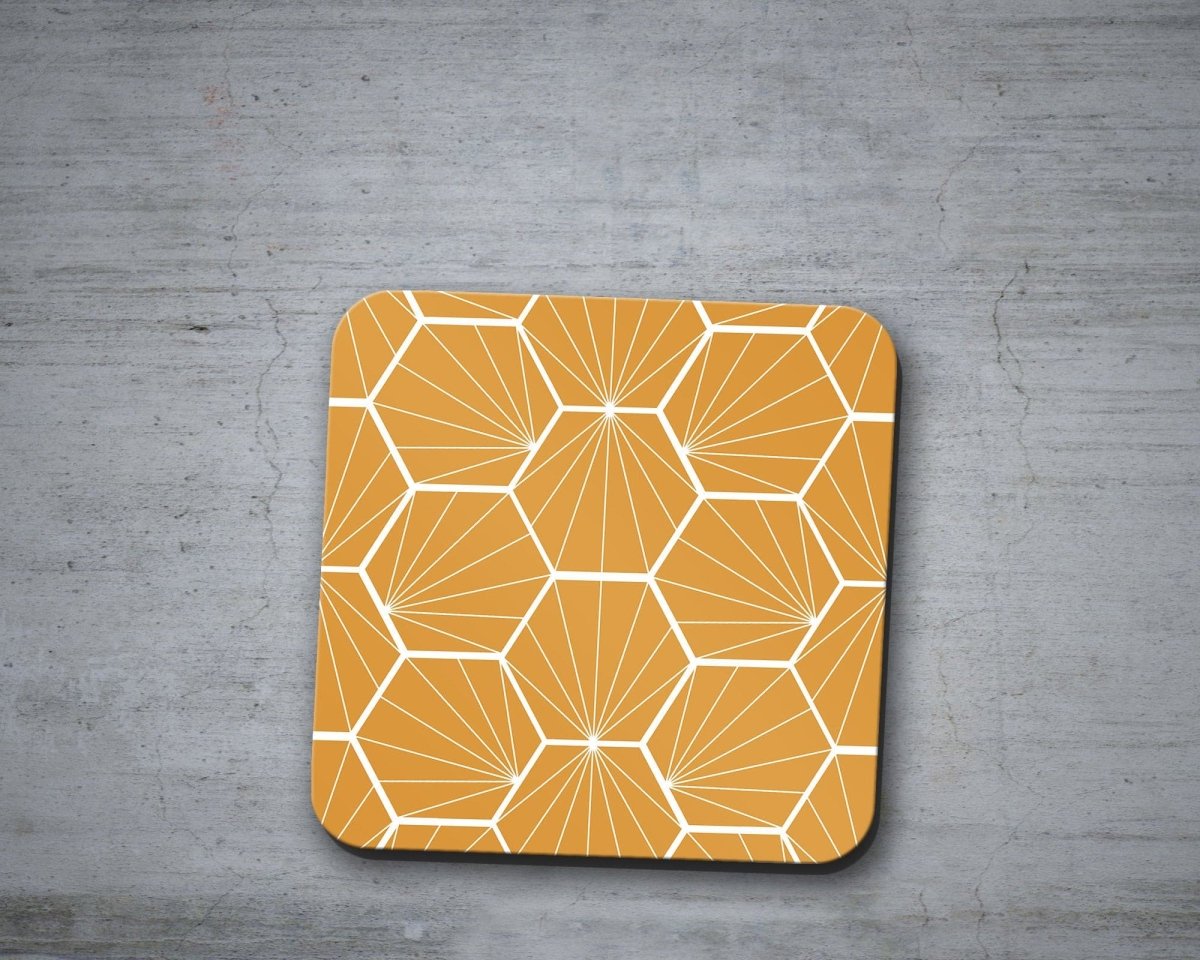 Butterscotch Coasters with a White Hexagon Design, Table Decor Drinks Mat - Joe’s Haven