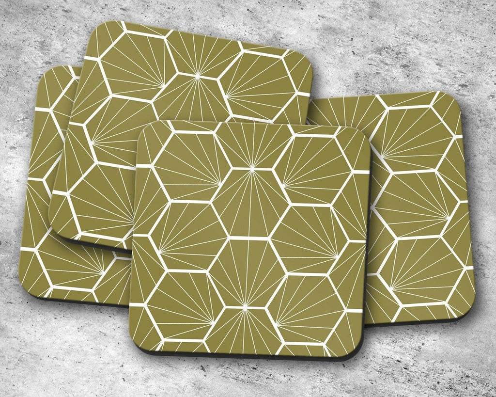 Olive Green Coasters with a White Hexagon Design, Table Decor Drinks Mat - Joe’s Haven