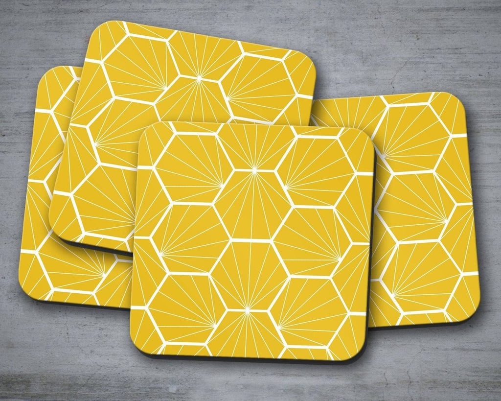Yellow Coasters with a White Hexagon Design, Table Decor Drinks Mat - Joe’s Haven