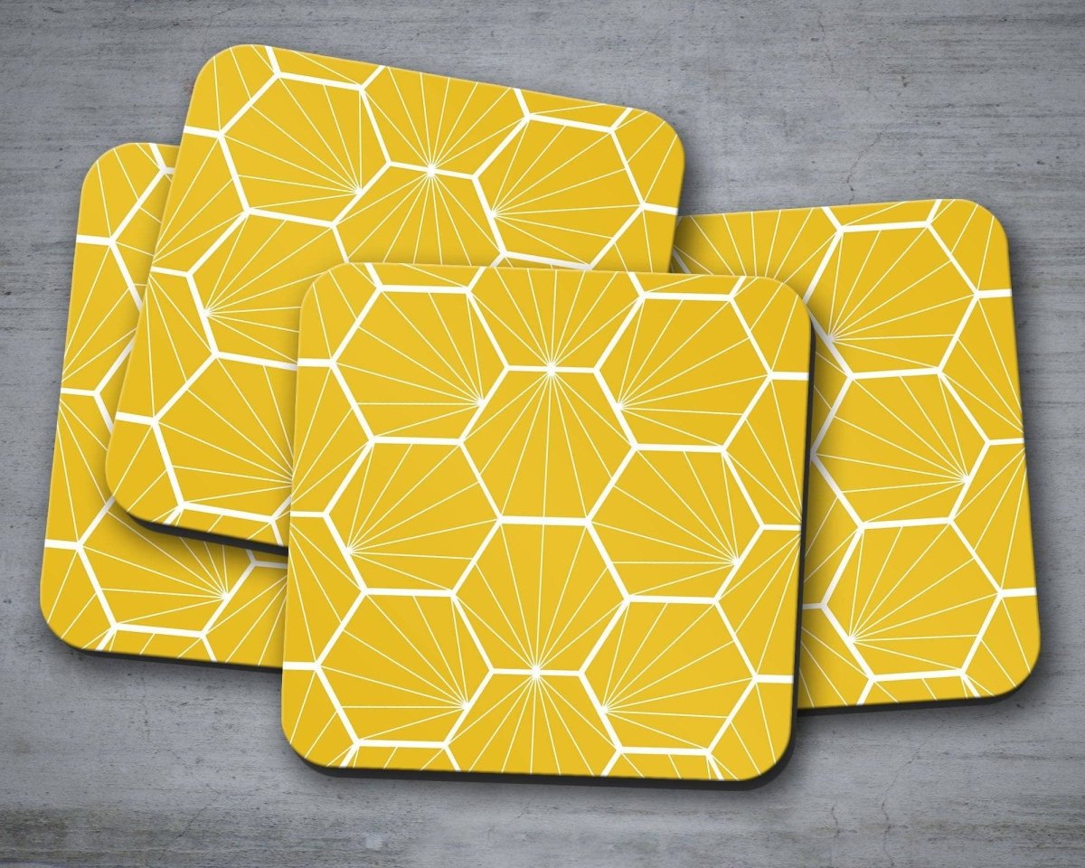Yellow Coasters with a White Hexagon Design, Table Decor Drinks Mat - Joe’s Haven