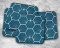 Peacock Blue Coasters with White Hexagon Design, Table Decor Drinks Mat - Joe’s Haven