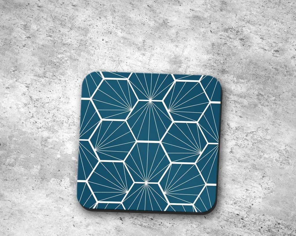 Peacock Blue Coasters with White Hexagon Design, Table Decor Drinks Mat - Joe’s Haven