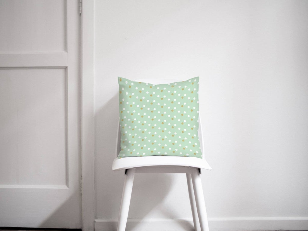 Mint Green Cushion with a Gold and White Spotted Design, Throw Pillow - Joe’s Haven