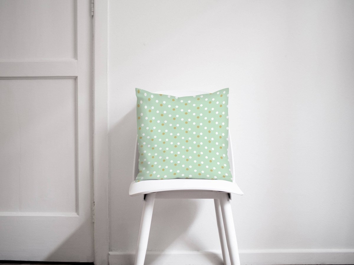 Mint Green Cushion with a Gold and White Spotted Design, Throw Pillow - Joe’s Haven