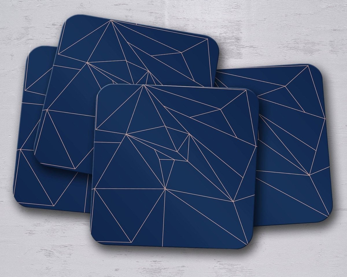 Navy Blue with Rose Gold Lines Geometric Design Coaster, Table Decor Drink Mat - Joe’s Haven