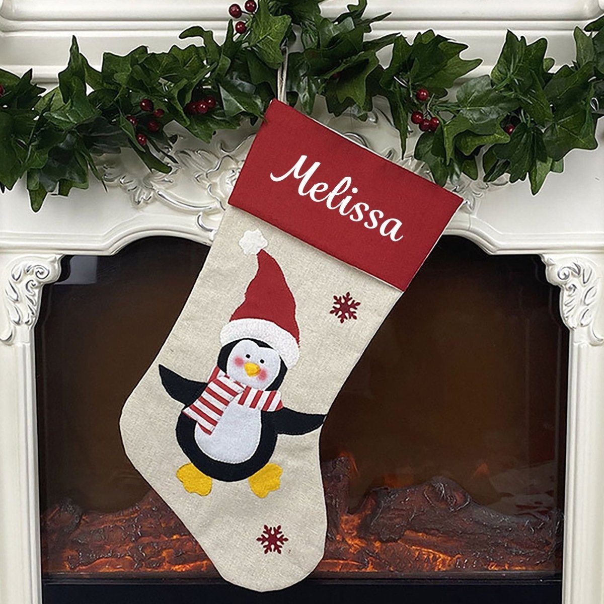 Personalised Christmas Stocking Penguin Red Stockings Hang Fireplace Xmas Decorations Family Kids Set - Joe’s Haven
