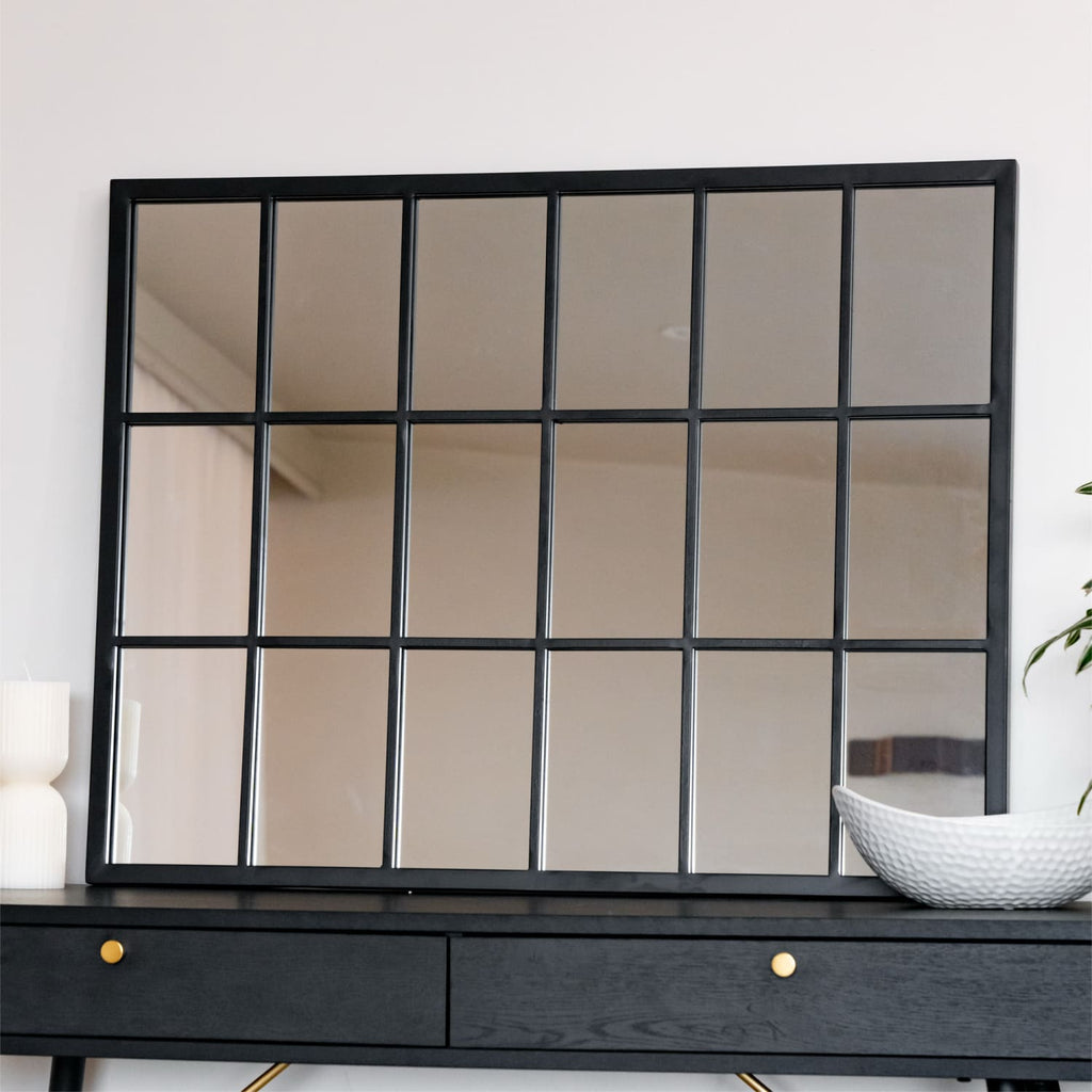 Kyō - Black Metal Rectangle Lattice Window Mirror - 90cm x 70cm - Joe’s Haven