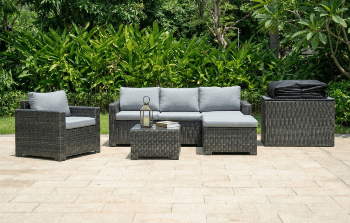 Marbella Grey 5 Seater Chaise Garden Sofa Set, Cover and Cushion Box Bundle - Joe’s Haven