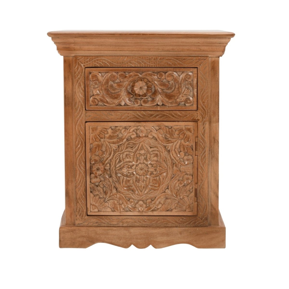 Carved Mango Wood Bedside Table With Storage - Joe’s Haven