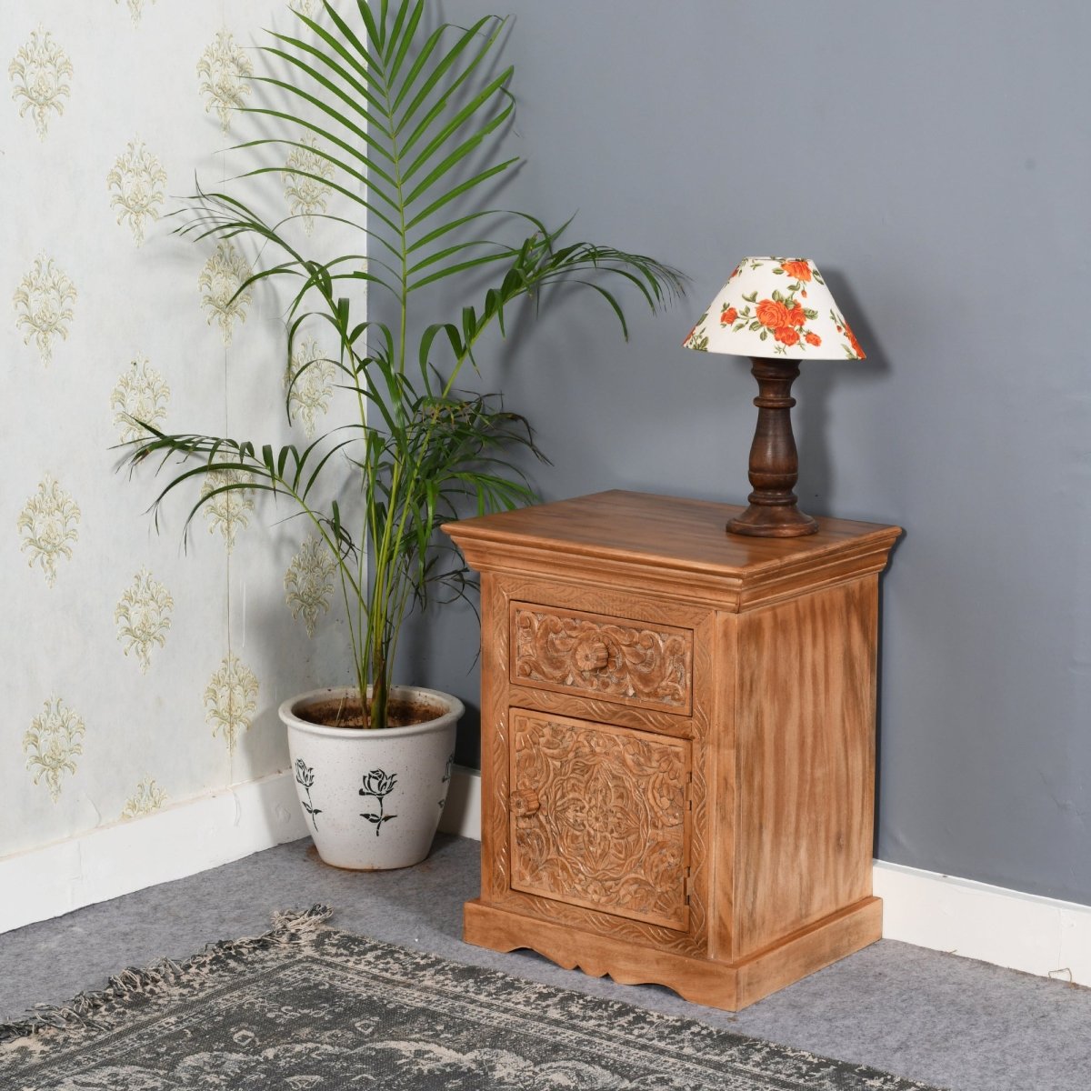 Carved Mango Wood Bedside Table With Storage - Joe’s Haven