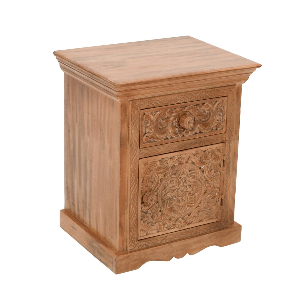 Carved Mango Wood Bedside Table With Storage - Joe’s Haven