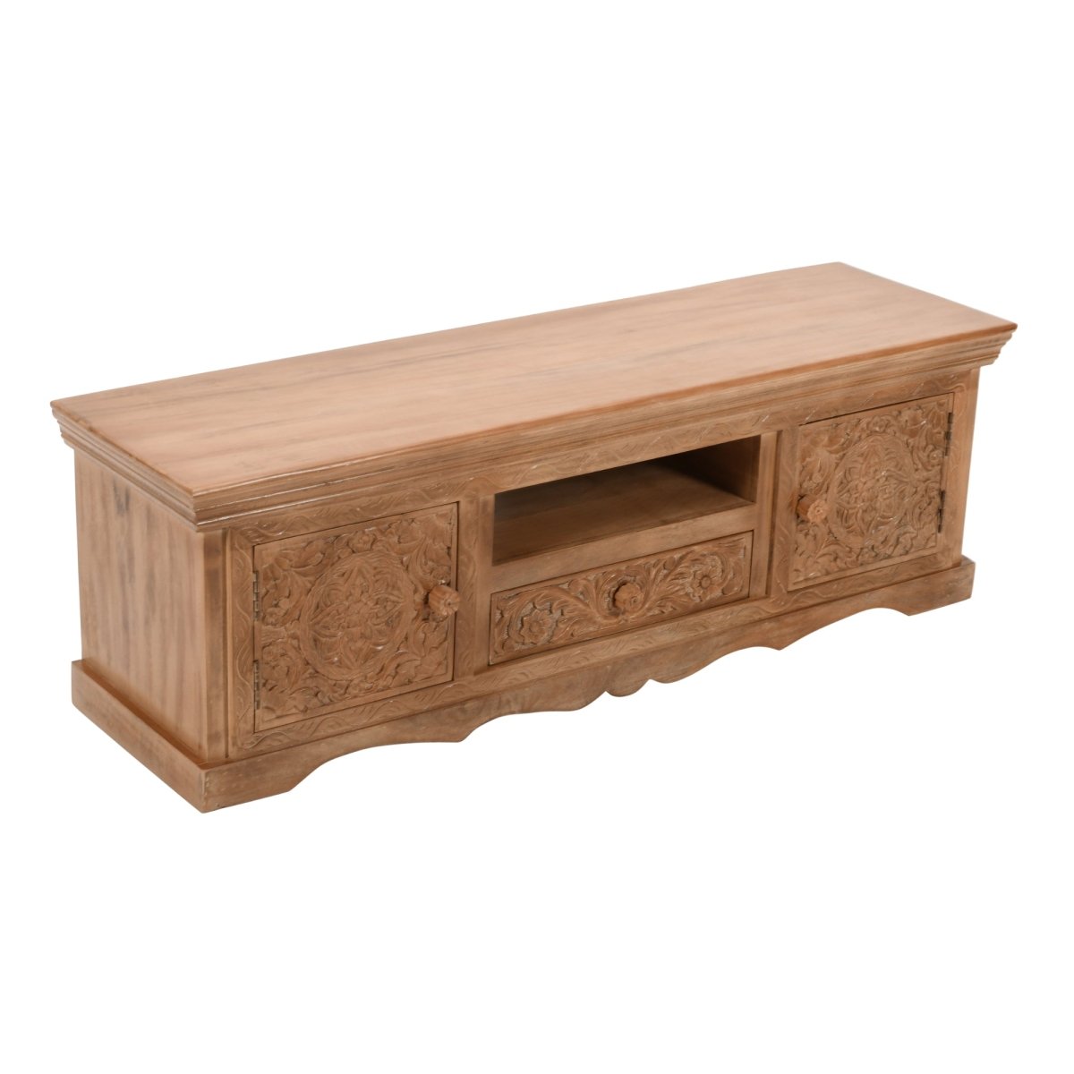 Carved Mango Wood TV Cabinet With 2 Doors, 1 Drawers - Joe’s Haven