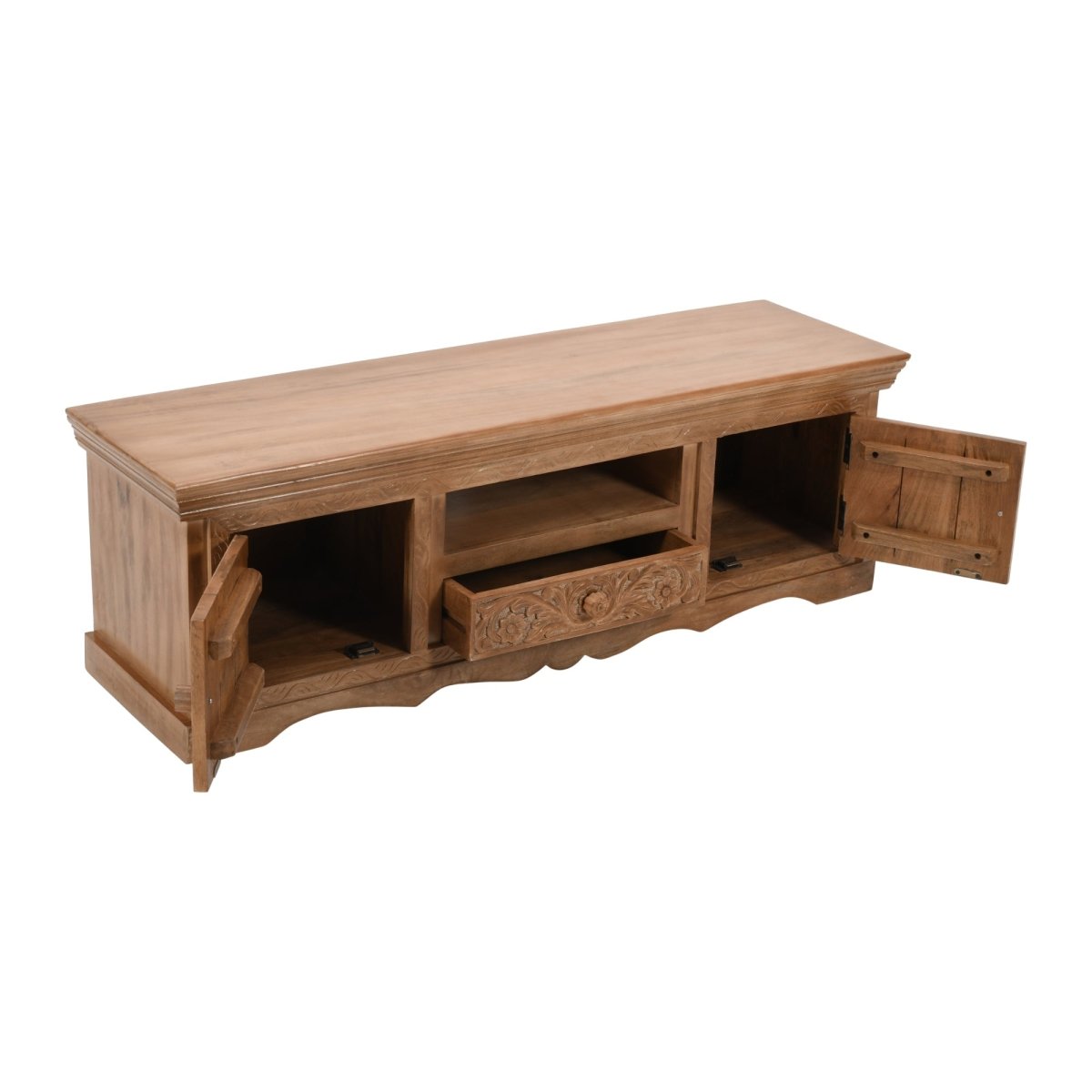 Carved Mango Wood TV Cabinet With 2 Doors, 1 Drawers - Joe’s Haven