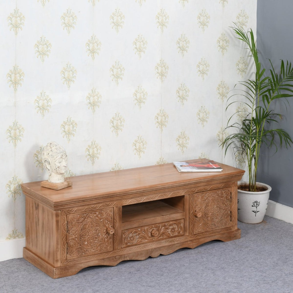 Carved Mango Wood TV Cabinet With 2 Doors, 1 Drawers - Joe’s Haven