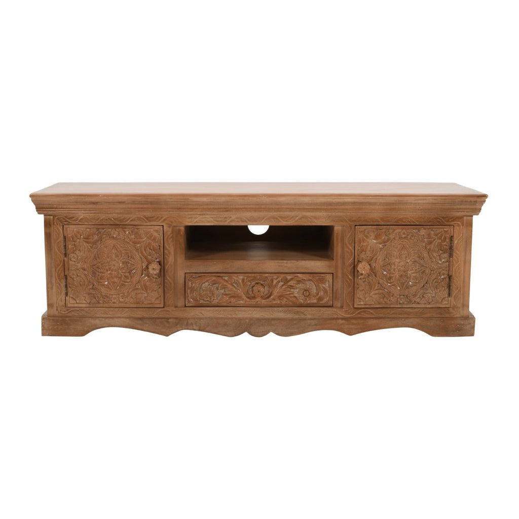Carved Mango Wood TV Cabinet With 2 Doors, 1 Drawers - Joe’s Haven