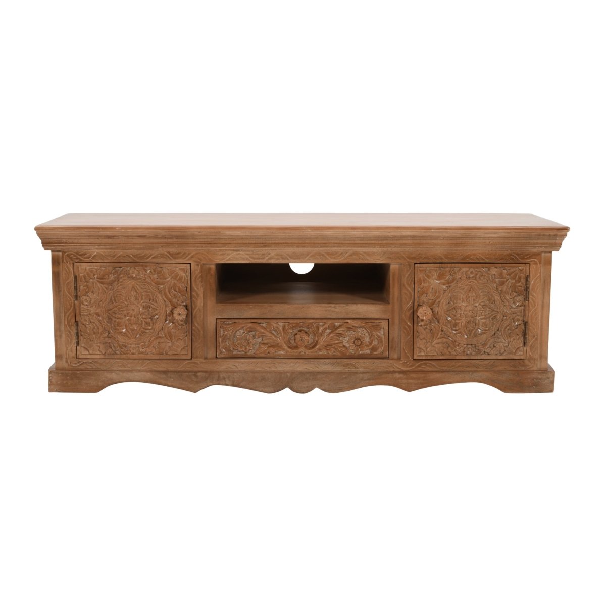 Carved Mango Wood TV Cabinet With 2 Doors, 1 Drawers - Joe’s Haven