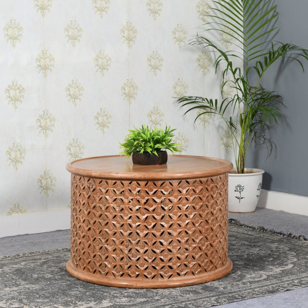 Carved Mango Wood Round Coffee Table - Joe’s Haven