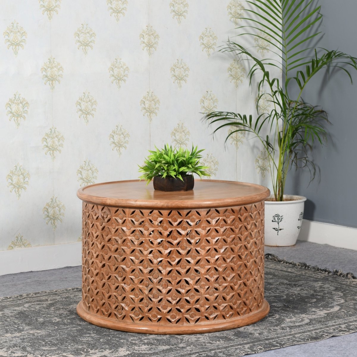 Carved Mango Wood Round Coffee Table - Joe’s Haven