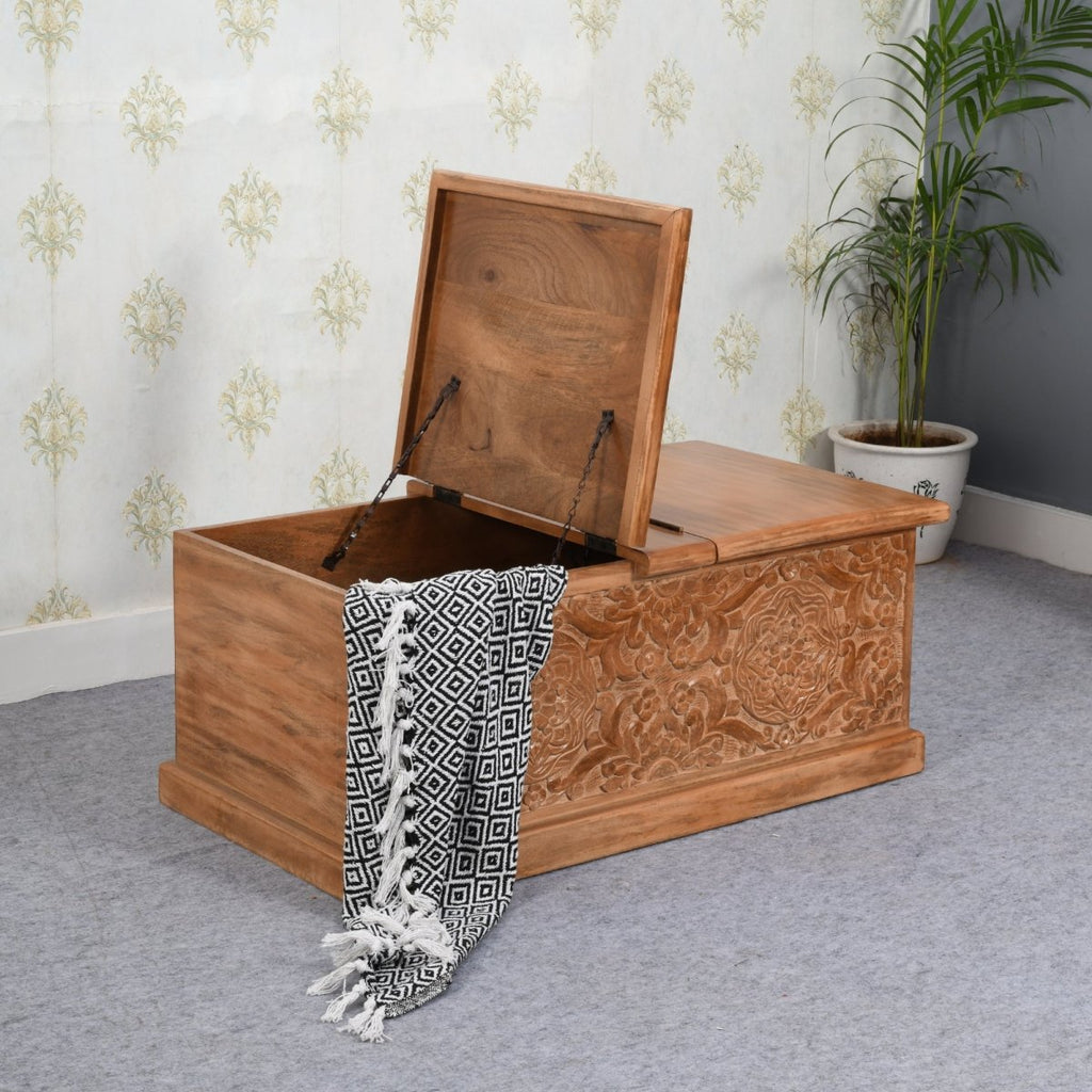 Carved Mango Wood Coffee Table/Blanket Box - Joe’s Haven