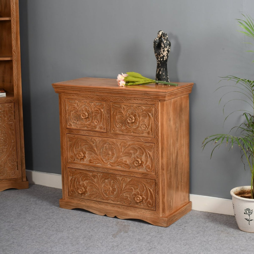 Carved Mango Wood Chest Of 4 Drawers - Joe’s Haven