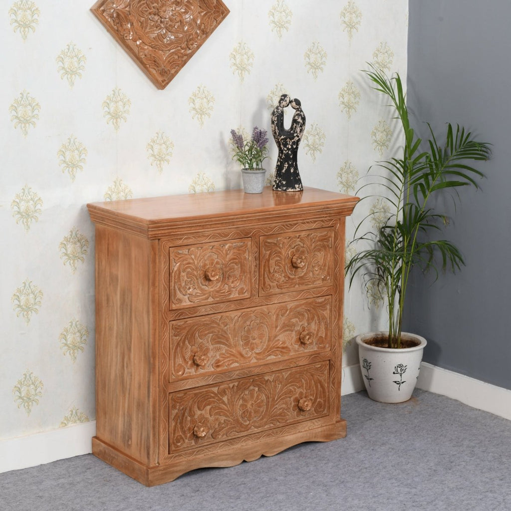 Carved Mango Wood Chest Of 4 Drawers - Joe’s Haven