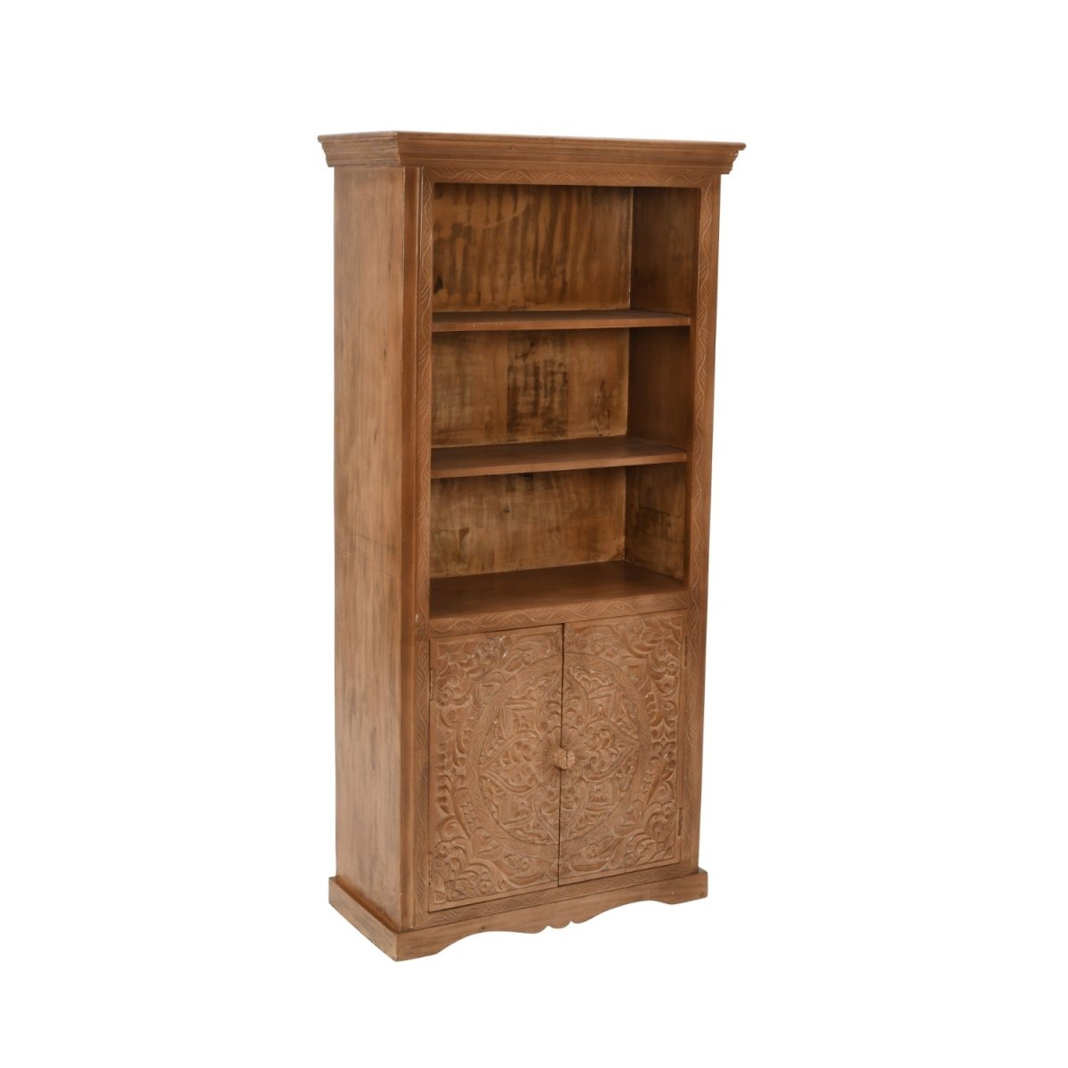 Carved Mango Wood Large Corner Bookcase 3 Shelving & 1 Door - Joe’s Haven