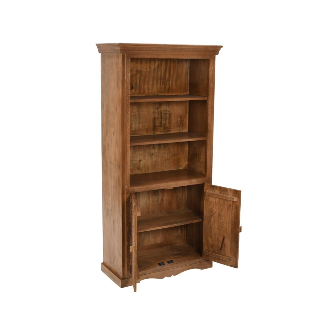 Carved Mango Wood Large Corner Bookcase 3 Shelving & 1 Door - Joe’s Haven