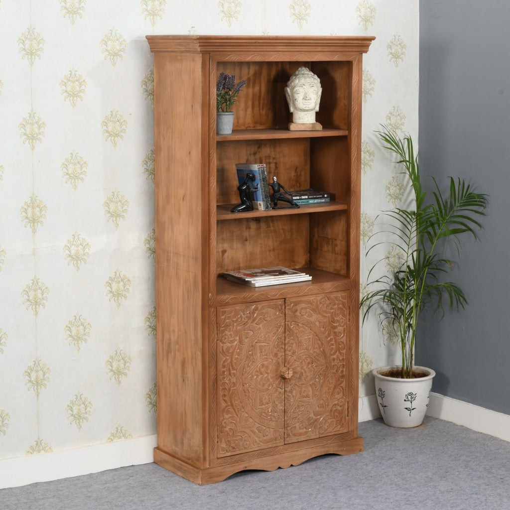 Carved Mango Wood Large Corner Bookcase 3 Shelving & 1 Door - Joe’s Haven