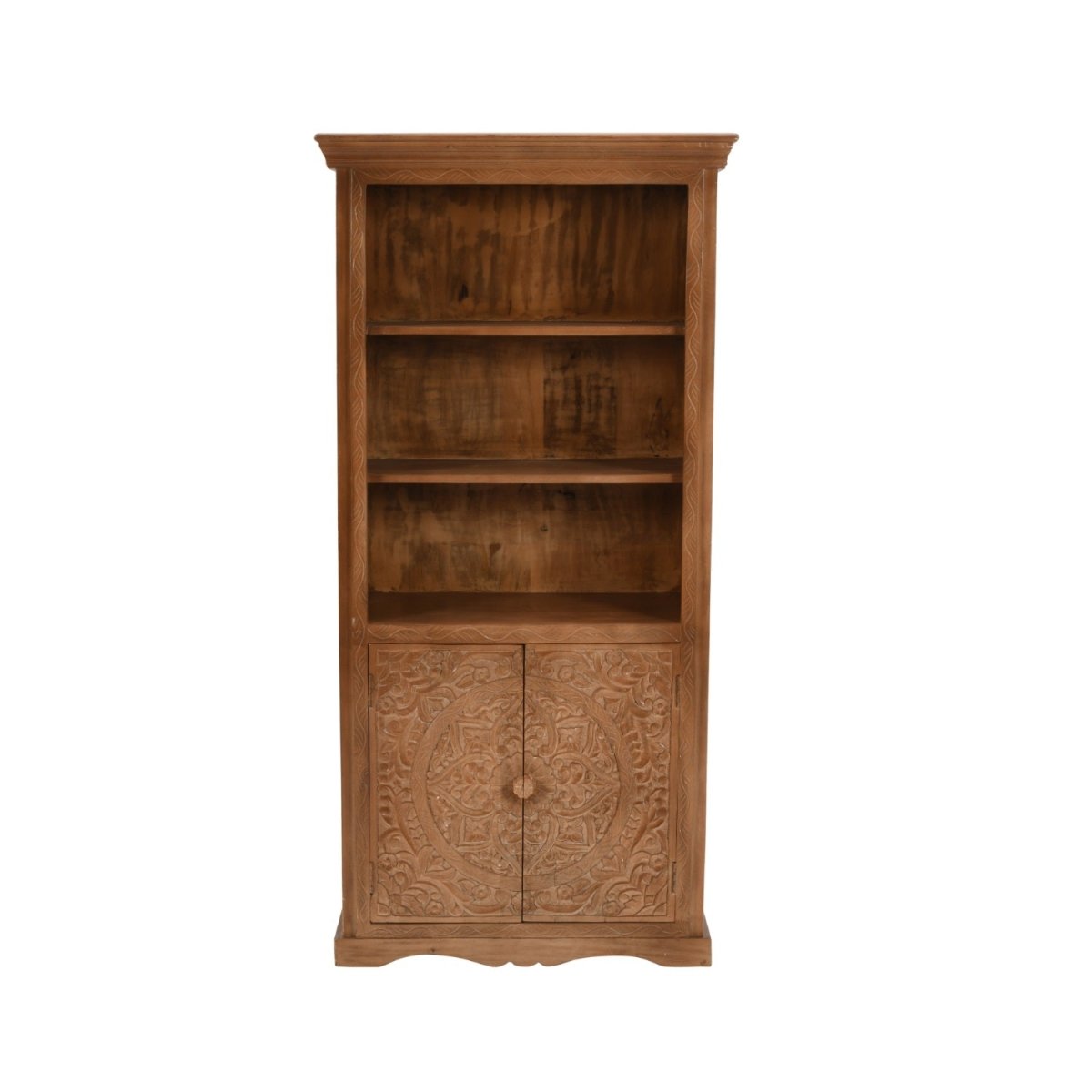 Carved Mango Wood Large Corner Bookcase 3 Shelving & 1 Door - Joe’s Haven