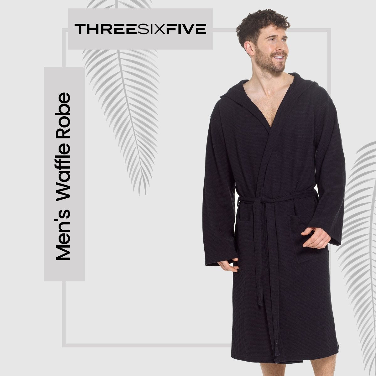 Men’s Hooded Waffle Cotton Bathrobe - Black - Joe’s Haven