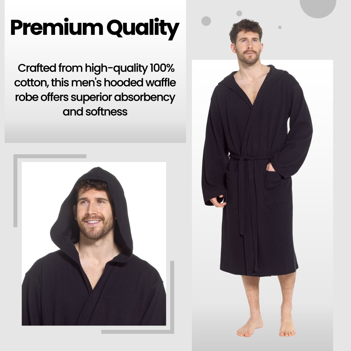 Men’s Hooded Waffle Cotton Bathrobe - Black - Joe’s Haven