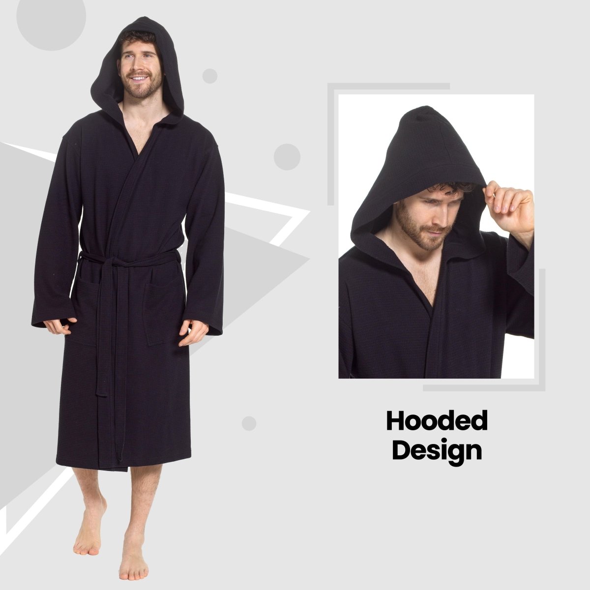 Men’s Hooded Waffle Cotton Bathrobe - Black - Joe’s Haven