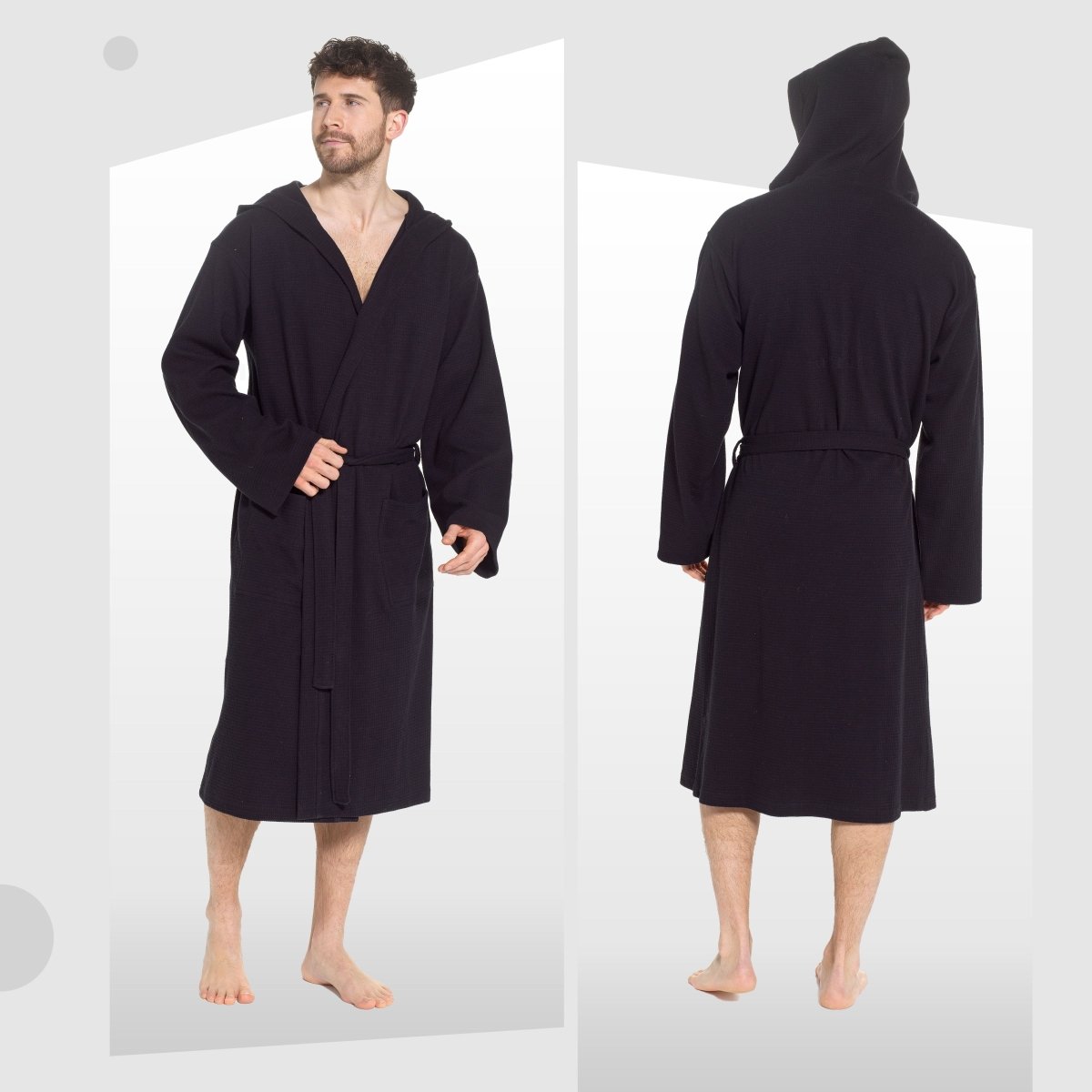 Men’s Hooded Waffle Cotton Bathrobe - Black - Joe’s Haven