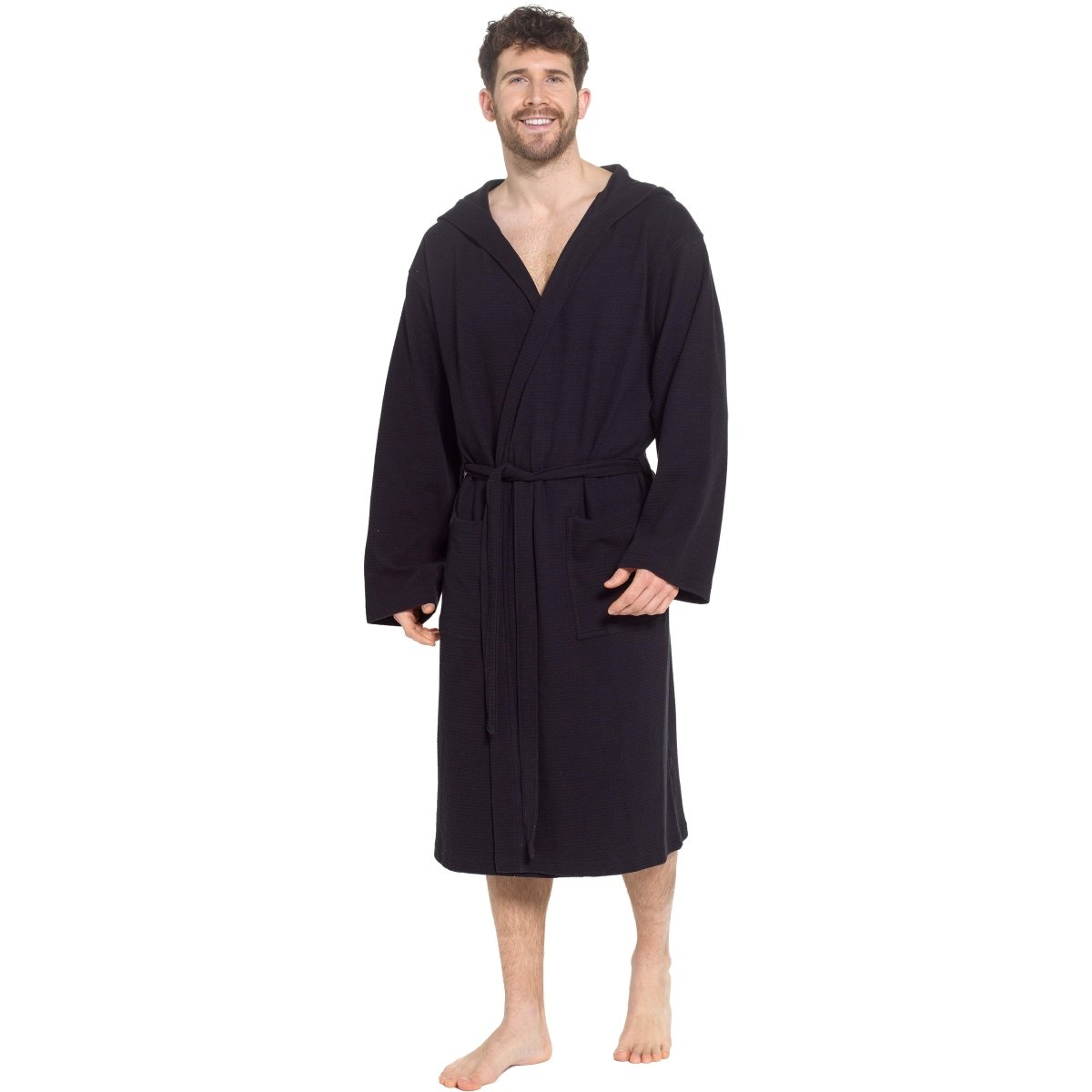 Men’s Hooded Waffle Cotton Bathrobe - Black - Joe’s Haven