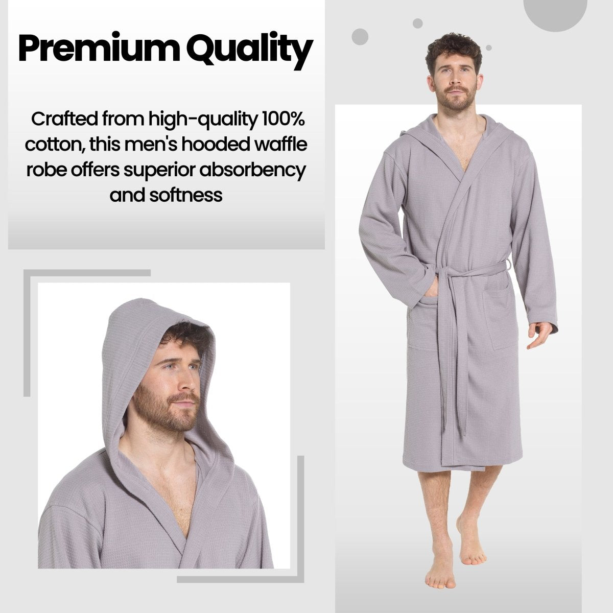 Men’s Hooded Waffle Cotton Bathrobe - Grey - Joe’s Haven