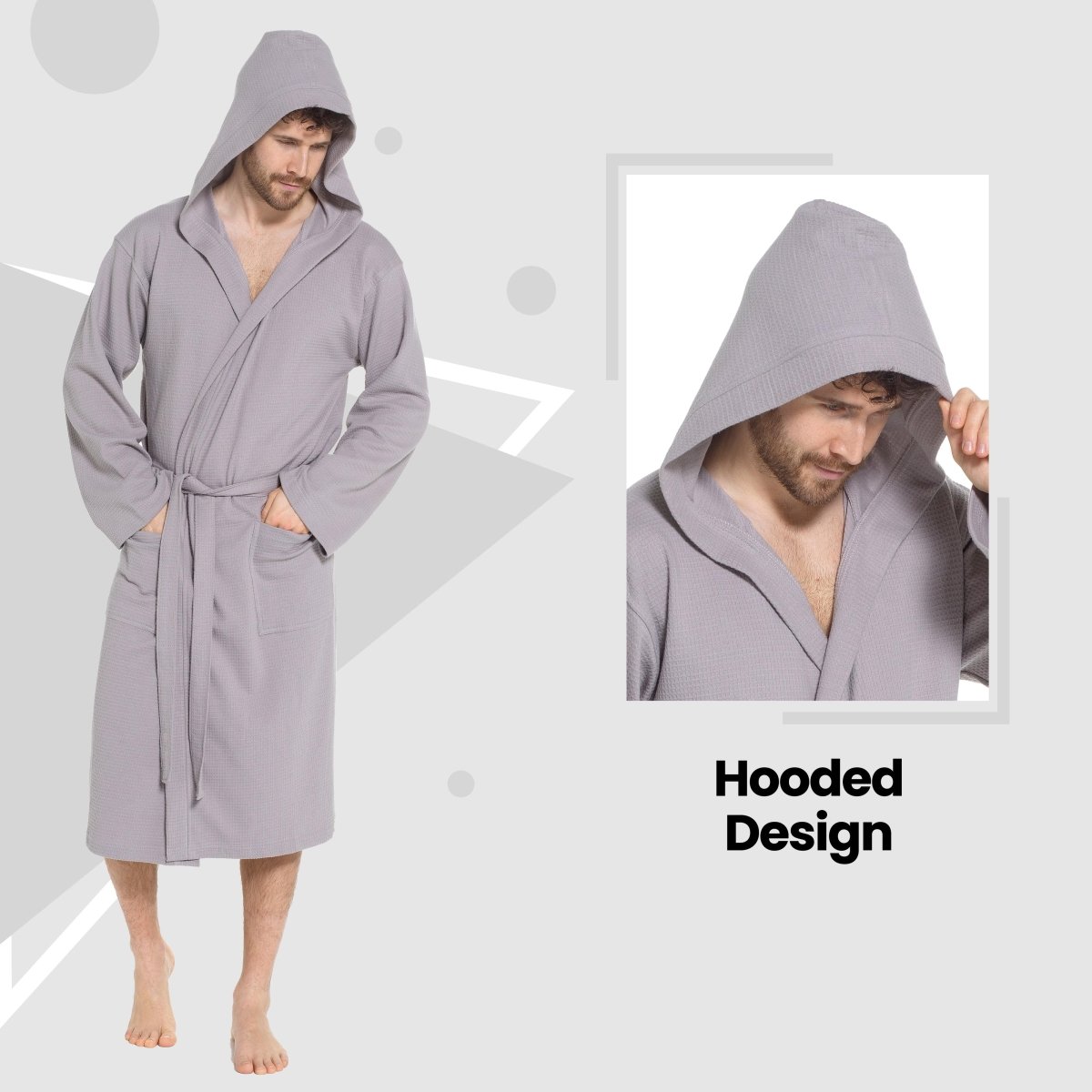Men’s Hooded Waffle Cotton Bathrobe - Grey - Joe’s Haven