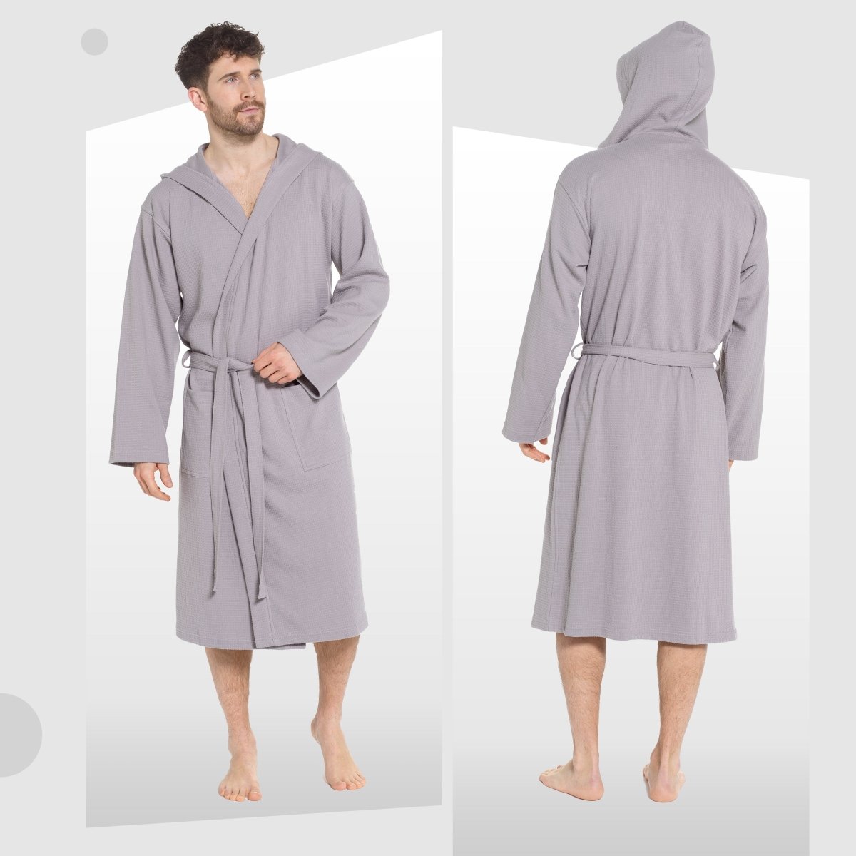 Men’s Hooded Waffle Cotton Bathrobe - Grey - Joe’s Haven
