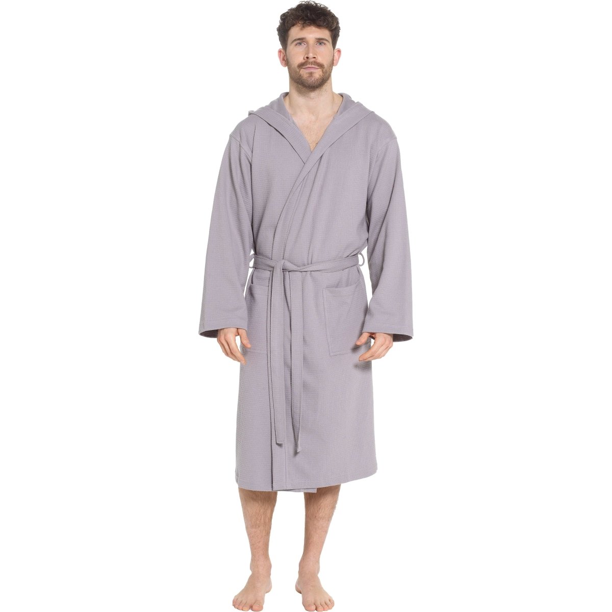 Men’s Hooded Waffle Cotton Bathrobe - Grey - Joe’s Haven