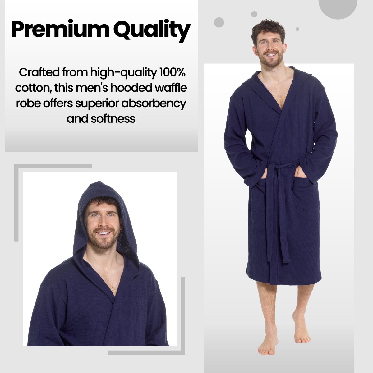 Men’s Hooded Waffle Cotton Bathrobe - Navy - Joe’s Haven