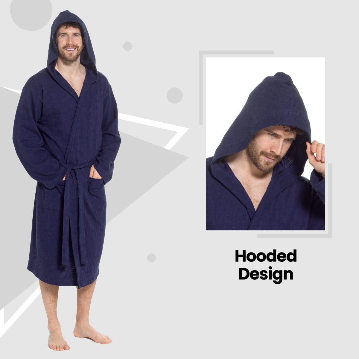 Men’s Hooded Waffle Cotton Bathrobe - Navy - Joe’s Haven