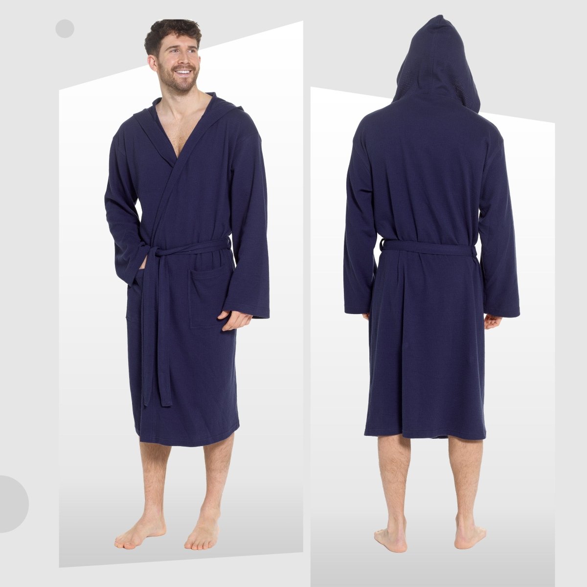 Men’s Hooded Waffle Cotton Bathrobe - Navy - Joe’s Haven