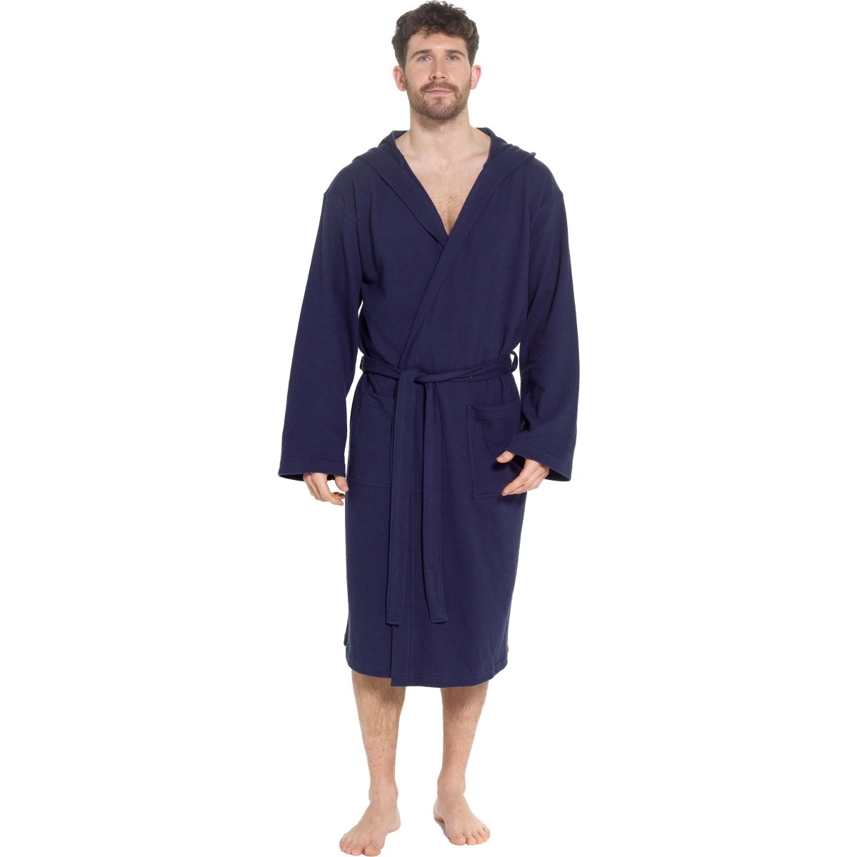 Men’s Hooded Waffle Cotton Bathrobe - Navy - Joe’s Haven