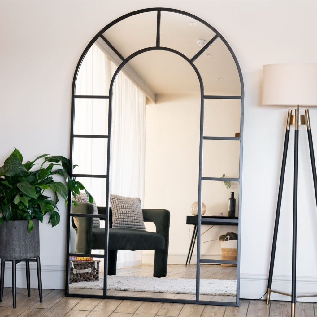 Mio - Full Length Black Metal Arched Window Mirror - 180cm x 105cm. - Joe’s Haven