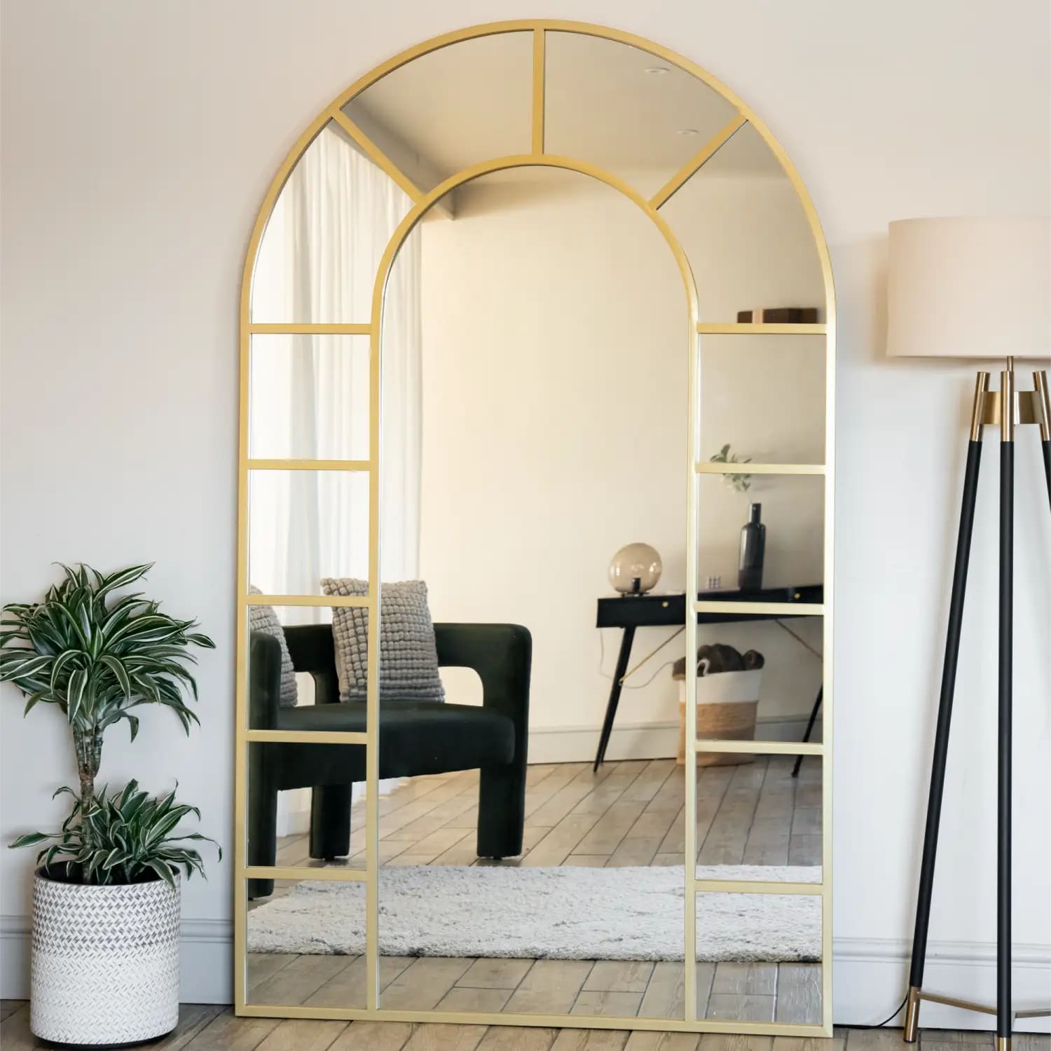Mio - Full Length Gold Metal Arched Window Mirror - 180cm x 90cm. - Joe’s Haven