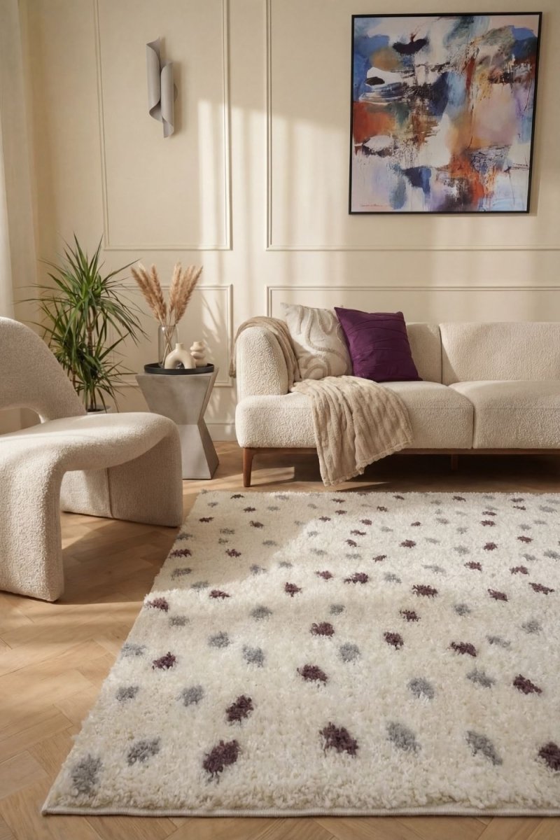 Moodi Shaggy Grey/Purple Plumetis Rug - Joe’s Haven