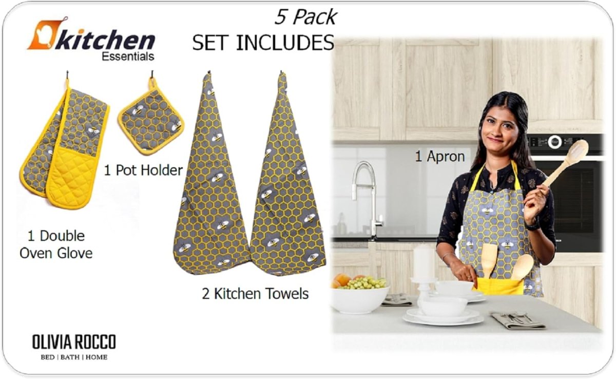 OLIVIA ROCCO Kitchen Sets With Apron Double Oven Gloves Towel Set Oven Mitts Pot Holder - Joe’s Haven