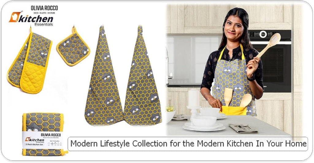 OLIVIA ROCCO Kitchen Sets With Apron Double Oven Gloves Towel Set Oven Mitts Pot Holder - Joe’s Haven