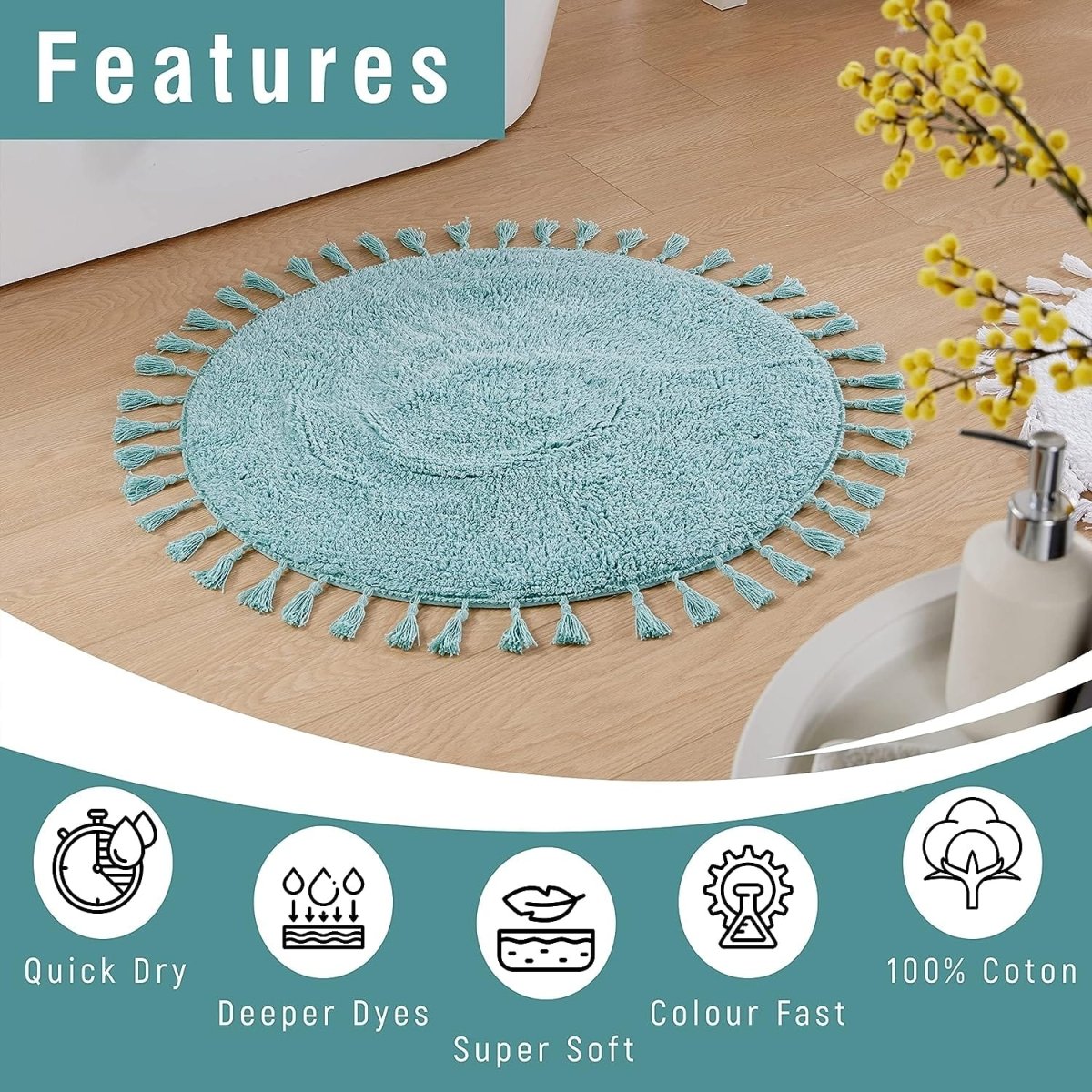 OLIVIA ROCCO Non Slip Round Tasselled Bath Mat 100% Cotton Absorbent Soft Plush Bathroom - Joe’s Haven