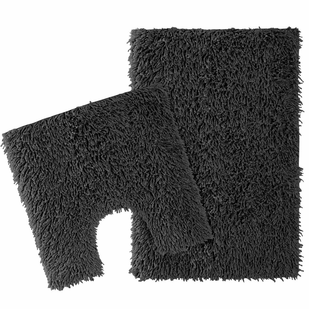 OLIVIA ROCCO Como 2 Piece Black Bath Mat And Pedestal Set Non Slip 100% Cotton Super Soft Easy - Care Home Essential - Joe’s Haven